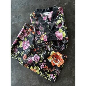 Morgan Taylor Large Silky Satin Black Floral Pajama Set PJ'S Fairy Garden Whimsy